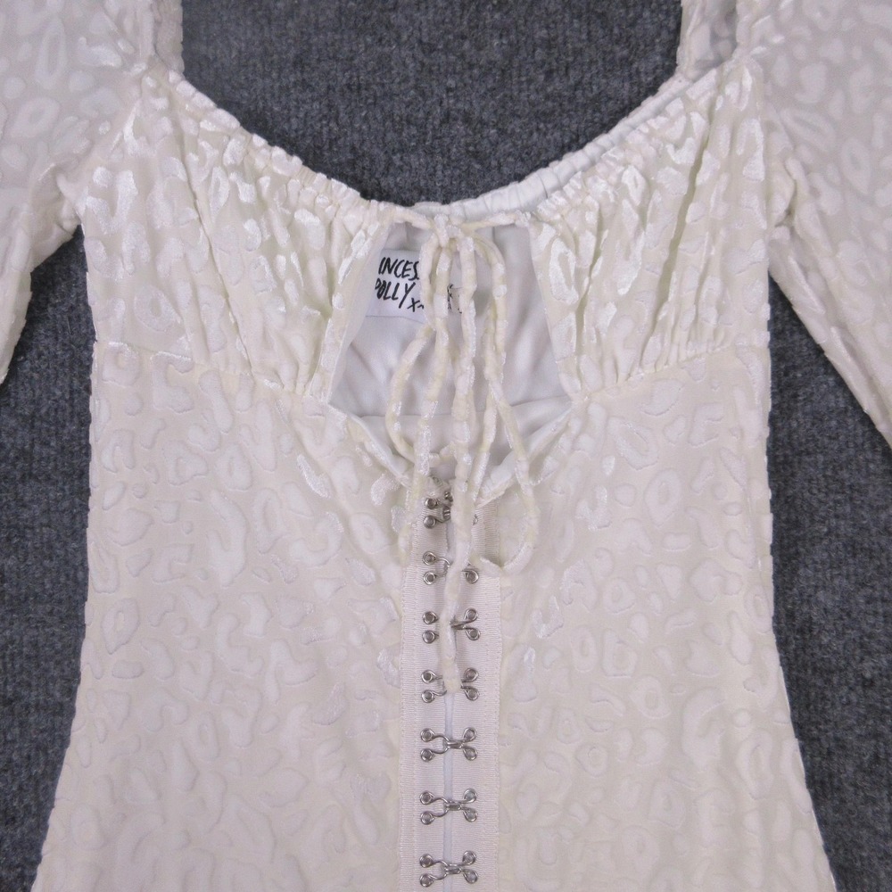 Princess Polly Dress Womens 2 White Velvet Animal Print Hook Eye Bodycon Mini - Picture 4 of 11